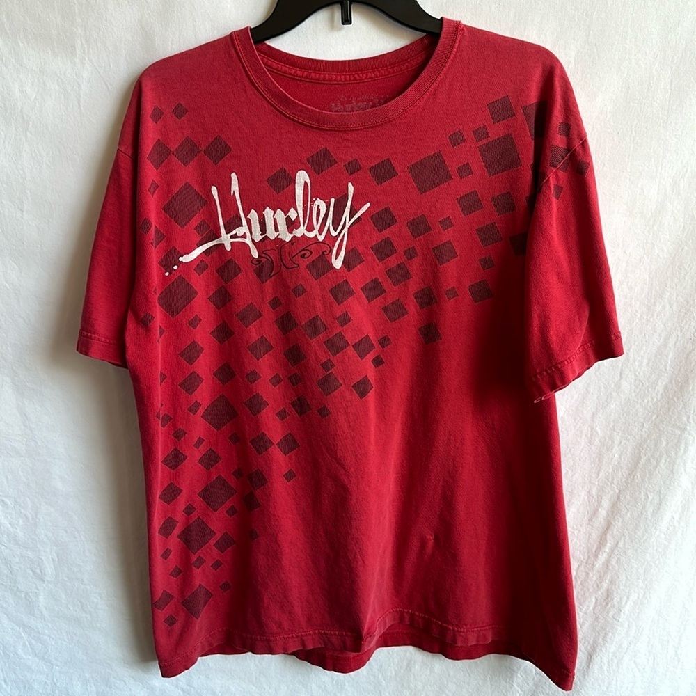 Hurley red T-shirt with logos and angled squares, size L